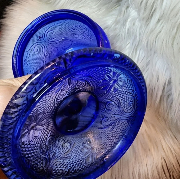 Blue‎ Depression Glass Embossed Jar - Picture 4 of 12